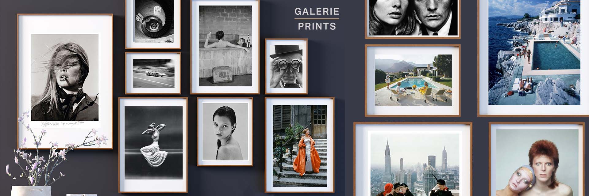 A selection of beautiful photography prints that includes Brigitte Bardot with cigar by Terry O'Neill, Steve McQueen in a hot tub, Kaye Moss at 16, Mark Shaw Archive images, Poolside Gossip by Slim Aarons. Young Velvets in New York City by Norman Parkinson and David Bowie with Twiggy by Justin De Villeneuve for his Pin Ups album as well as the Hotel Du Cap Eden Roc by Slim Aarons.
