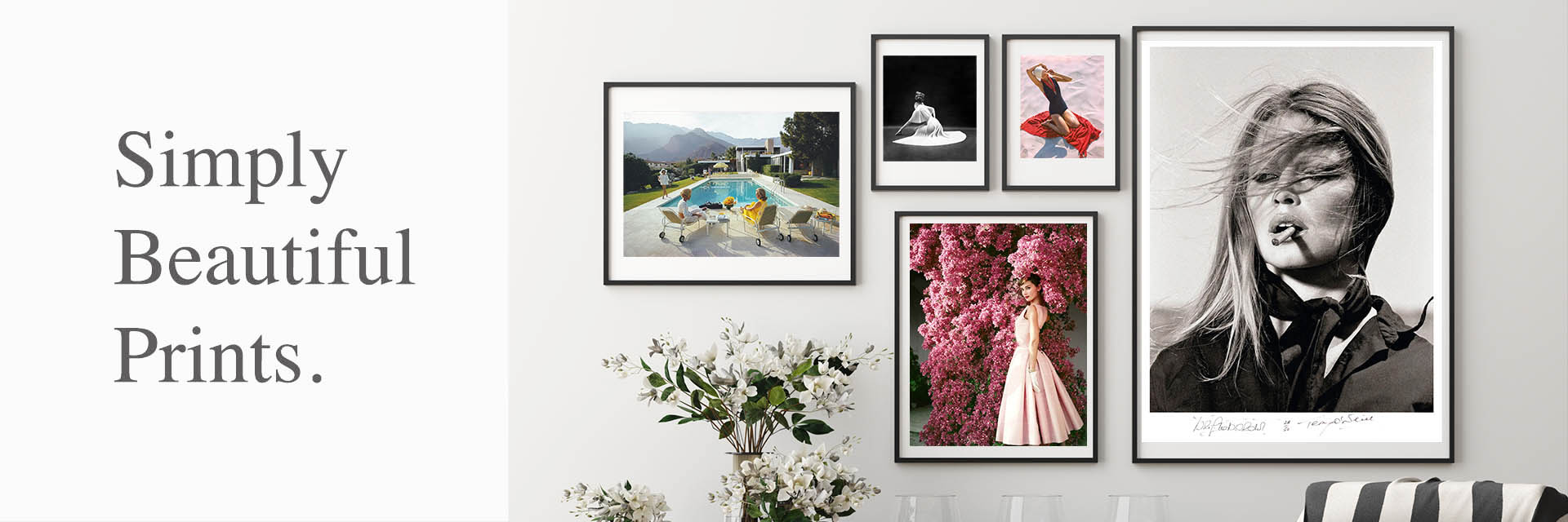 A selection of beautiful photography prints that includes Brigitte Bardot with cigar by Terry O'Neill Poolside Gossip by Slim Aarons. Audrey Hepburn with Pink Flowers by Norman Parkinson and